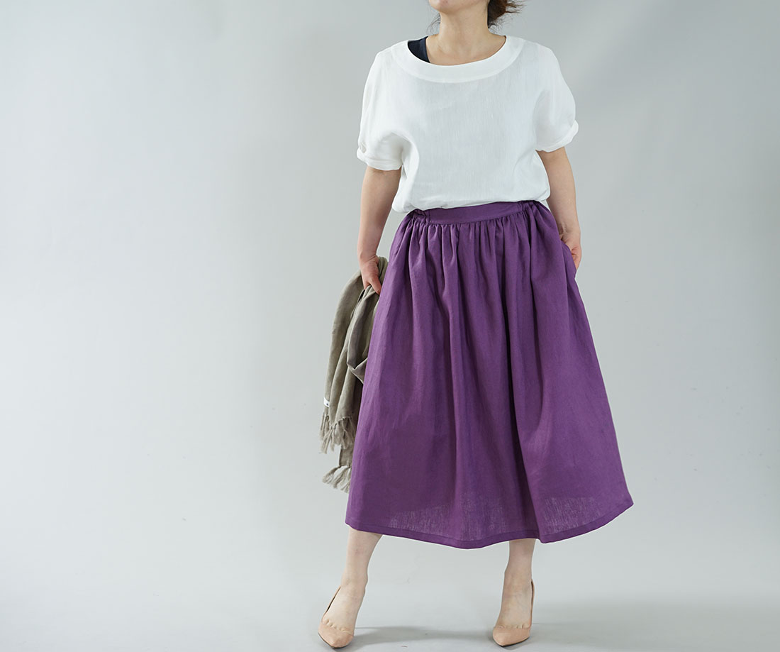 wafu わたぬき服装 わふ ワフ 中厚 リネン スカート 思い出のリネンスカート ウエストゴム ロング丈 膝下丈 ミモレ丈 ルージュテルニ free s004d-rgt2 ボトムス スカート ひざ丈スカート 膝丈 膝丈スカート ミディアム丈 フレア フレアスカート ミモレ丈 ふんわり リネンスカート 麻スカート リネン 麻 ウエストゴム ギャザー ドレープ ゴムギャザー ウエスト紐 無地 無地スカート 無地ボトム パープル むらさき 紫色 紫 トレンド 旬 着こなし 春 夏 秋 冬 レディース wafu 新作