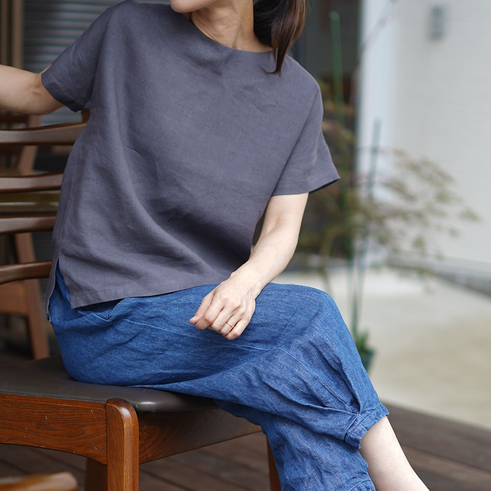 薄地 雅亜麻 リネン ドロップショルダー Tシャツ/墨色
