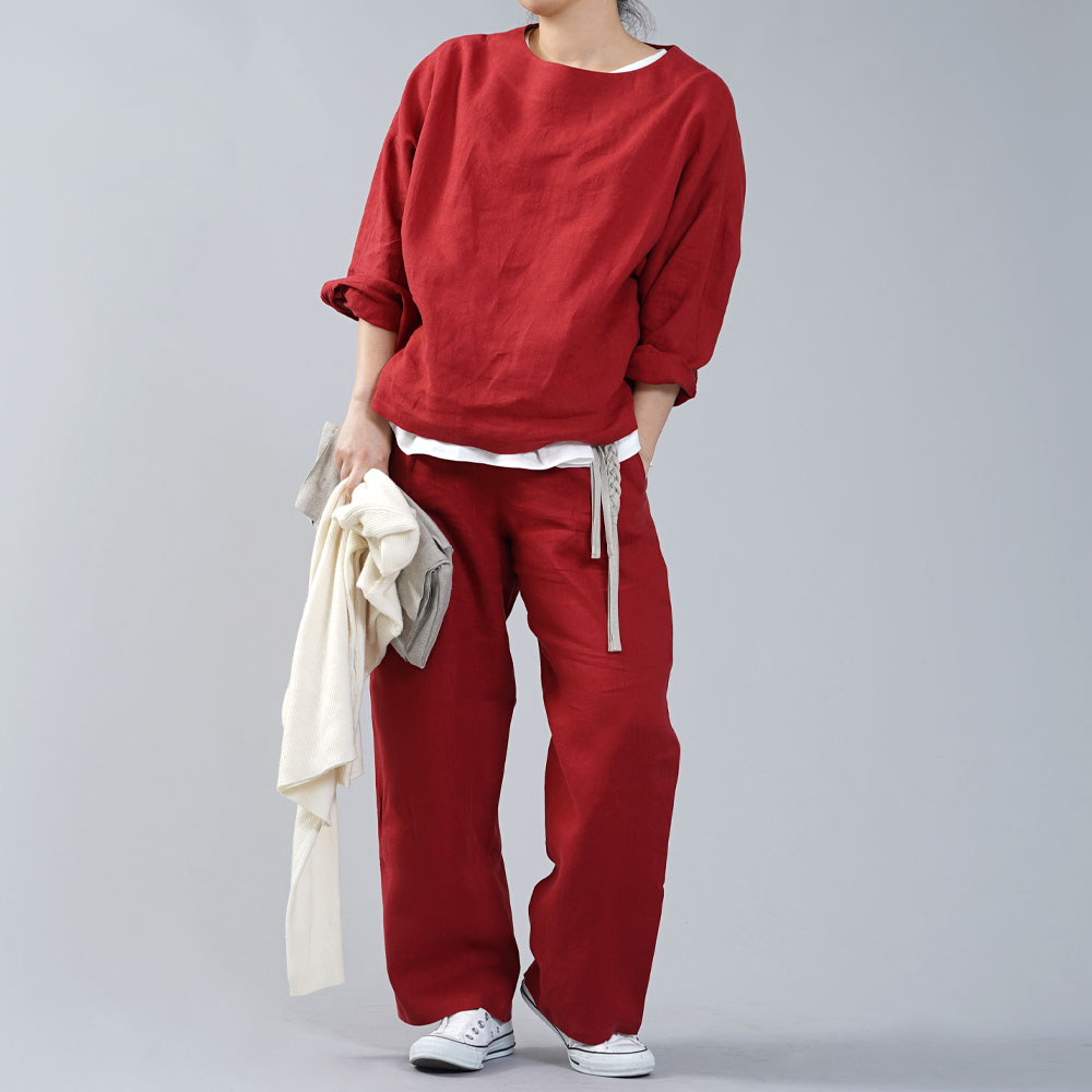 【wafu】薄地 雅亜麻 リネン ブラウス カフスシャツ 袖 ドロップショルダー トップス チュニック ドルマンスリーブ 長袖/紅色【free】t002a-bne1