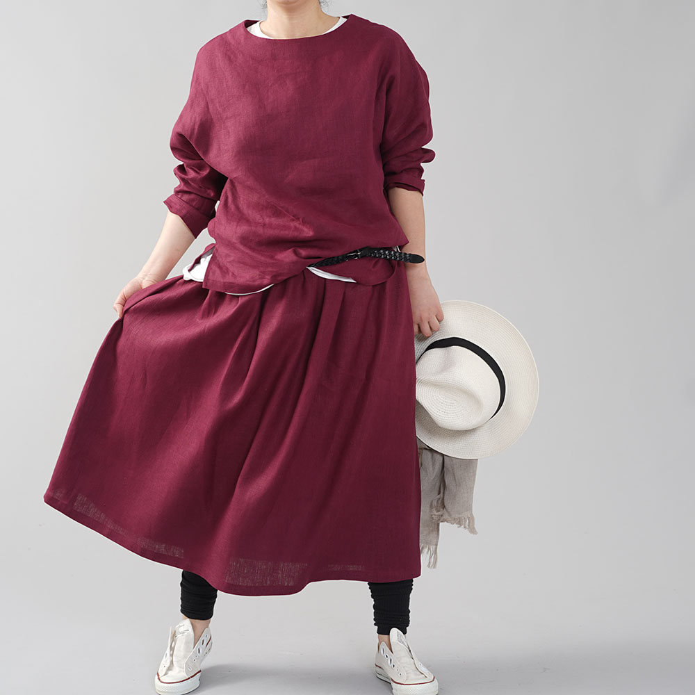 中厚 リネン トップス ブラウス ドルマンスリーブ ドルマン 裾スリット 丸首 クルーネック 長袖 linen100%/シュールージュ【free】t002b-srg2