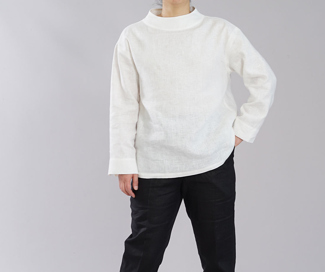中厚 リネン ブラウス レイズド・ネックライン ドロップショルダー 袖口スリット リネントップス / ホワイト【M-L】t004c-wht2