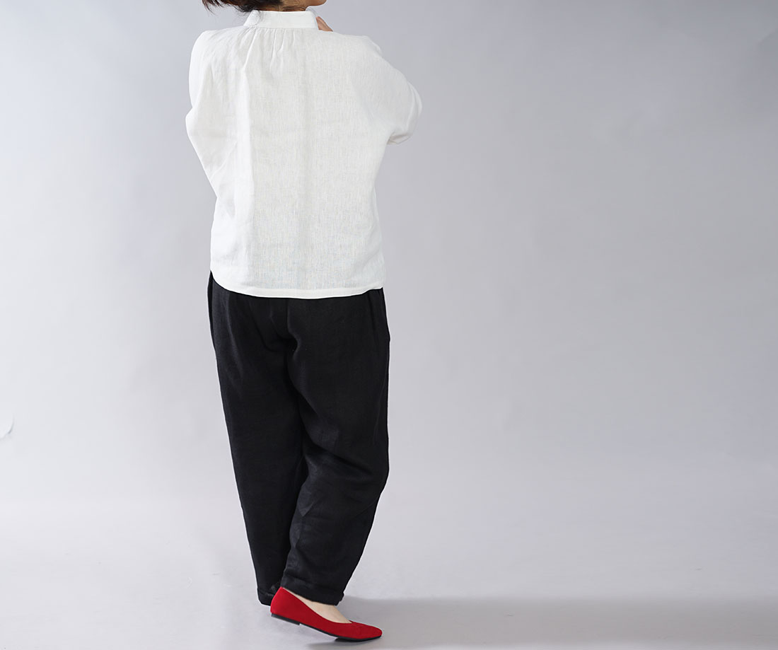【wafu】中厚 リネン ブラウス スタンドカラー ドロップショルダー シンプル 長袖 シャツ チュニック / ホワイト【M-L】t005b-wht2