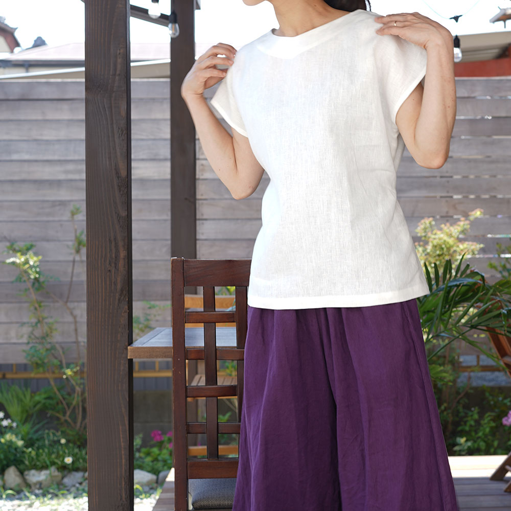 中厚 リネンブラウス Vネック Tシャツ フレンチスリーブ チュニック 紐付 / ホワイト
