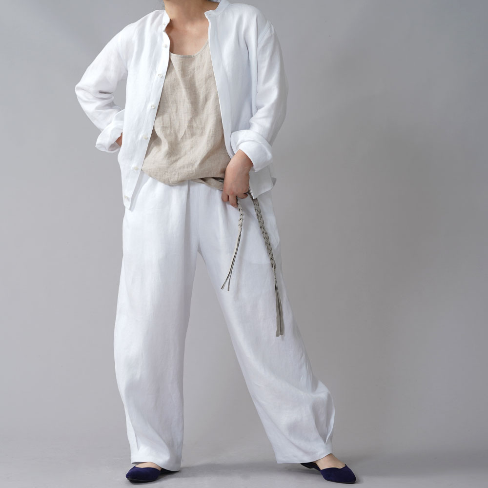 【wafu premium linen】丈短め 比翼仕立て スタンドカラーシャツ wafu史上最高の上質リネン プレミアム リネン/ホワイト【M-L】t030a-wht2