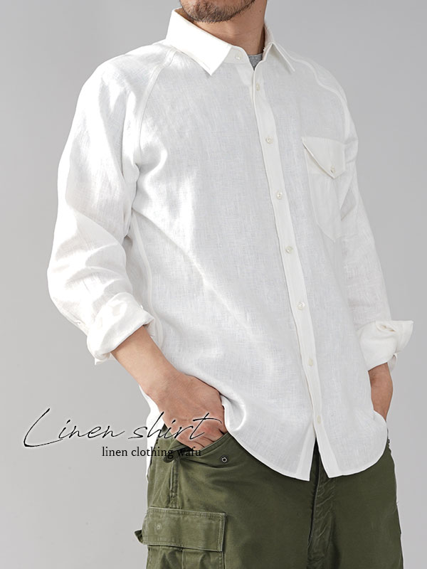 メンズ 中厚地 リネン ラグラン シャツ 長袖 フラップポケット付き 胸ポケット メンズライク 前ボタン カフス袖 シェルボタン 白シャツ ホワイト M L T035h Wht2