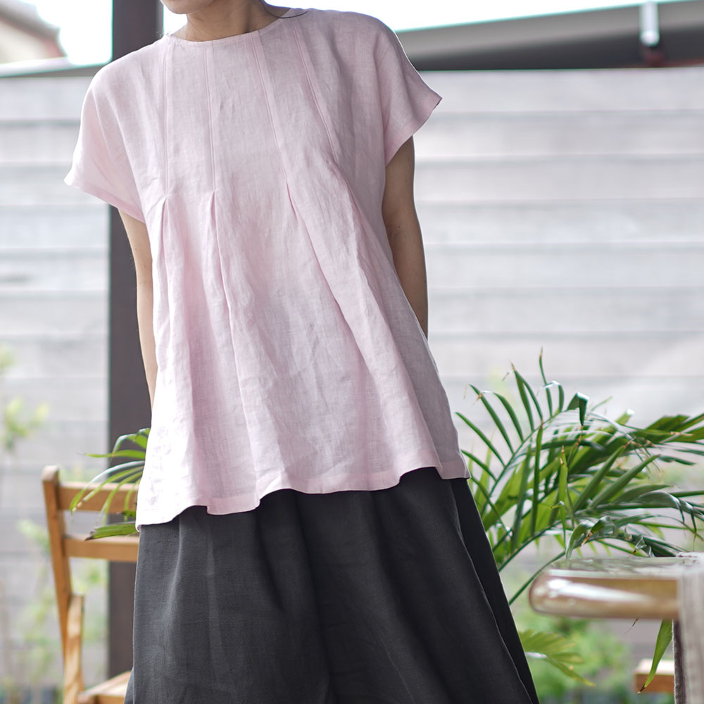薄地 雅亜麻 リネンブラウス 2重ヒダの技法を使用した フレンチスリーブ トップス / 桜色(さくらいろ)【M-L】t039a-sak1