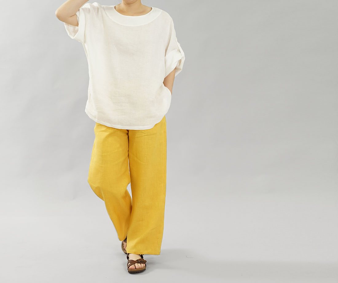 wafu わたぬき服装 わふ ワフ トップス カットソー Tシャツ リネン 麻 リネントップス 麻トップス 半袖 半袖トップス 半袖Tシャツ はんそで 半そで 半端袖 丸首 クルーネック Uネック ロールアップ 無地 無地トップス 無地カットソー ゆったり ゆる ゆるT ホワイト 白色 白トレンド 旬 着こなし 春 夏 秋 冬 レディース wafu 新作 薄手 雅亜麻 リネン シャツ ブラウス ゆったりチュニック 袖口ロールアップ 半袖トップス ボタン手付け 丸首 白色 free t041a-wht1