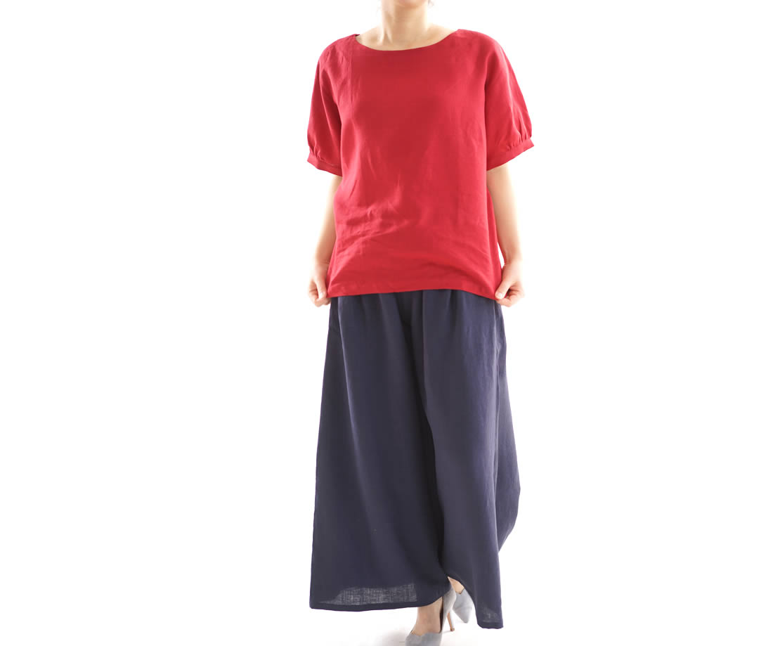 wafu 綿貫服装店 雅亜麻リネン ドルマン チュニック/ 紅色 トップス カットソー Tシャツ リネン 麻 リネントップス 麻トップス 半袖 半袖トップス 半袖Tシャツ はんそで 半そで 半端袖 丸首 クルーネック Uネック パフスリーブ パフ