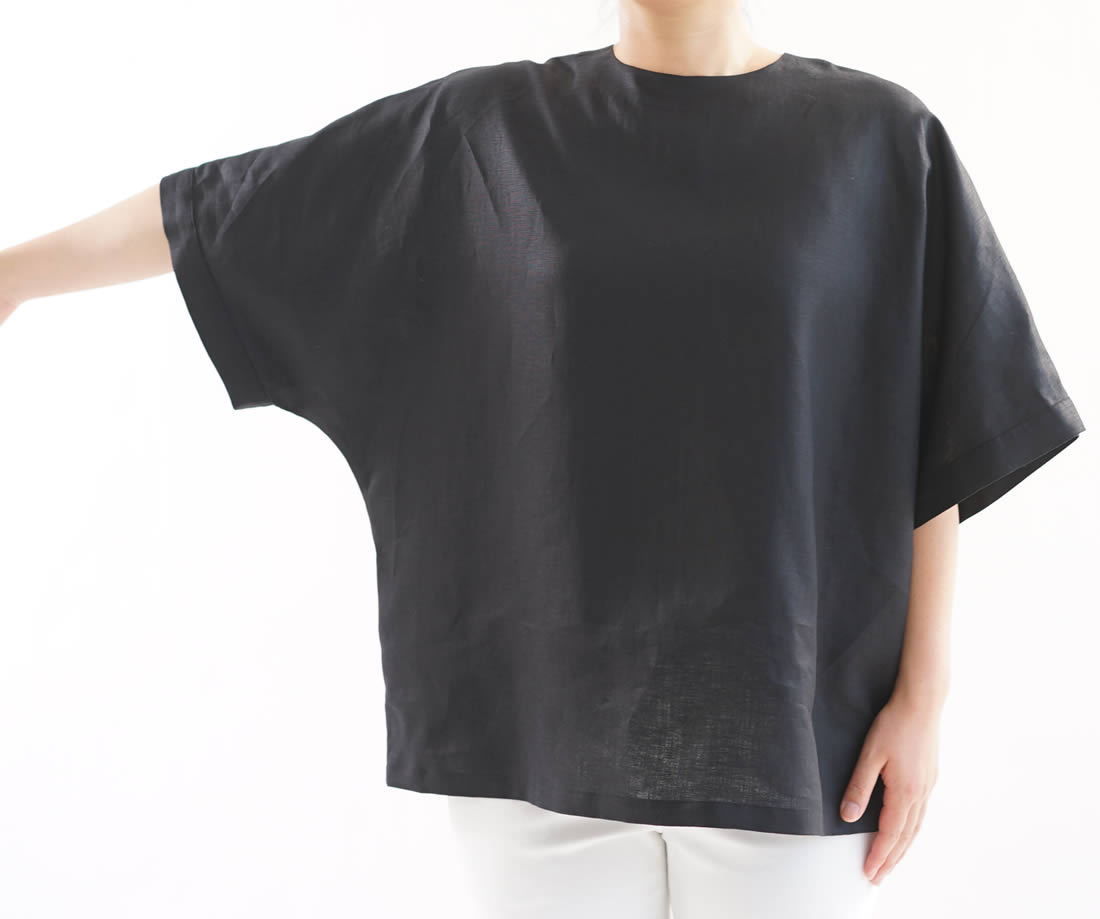 薄地 リネン ブラウス レイズド・ネックライン フレンチスリーブ トップス ビックサイズ Tシャツ 襟ぐり小さめ 背中ファスナー ドロップショルダー チュニック / ブラック