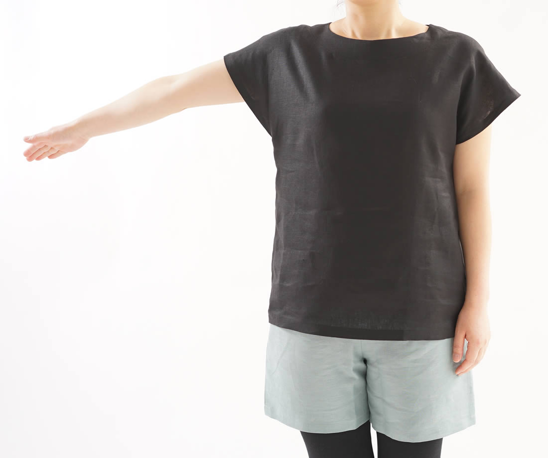 wafu 綿貫服装店 リネンブラウス トップス フレンチスリーブ Tシャツ/ブラック トップス カットソー Tシャツ リネン 麻 リネントップス 麻トップス 半袖 半袖トップス 半袖Tシャツ はんそで 半そで 半端袖 丸首 クルーネック Uネック