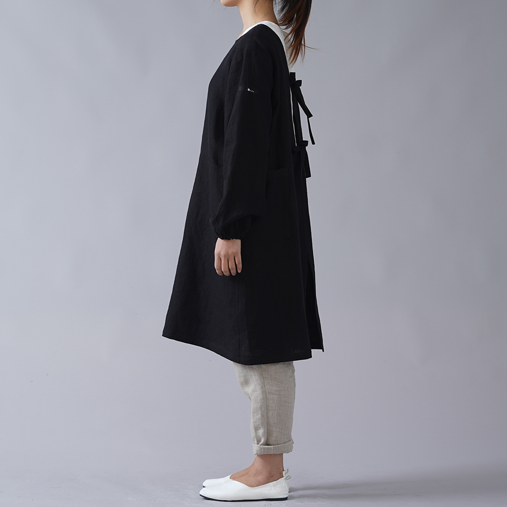 【wafu】中厚 リネン 割烹着 Kappogi かっぽう着 2way エプロン ワークウェア リネン割烹着 前後で着られる ユニフォーム/ブラック z005a-bck2
